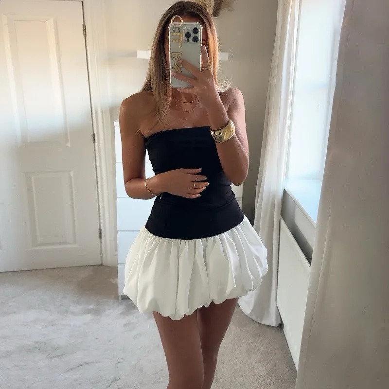 TARUXY Contrast Color Mini Folds Dress For Women Strapless Sexy Slim Sleeveless Ruched Splice Y2K Beach Female Club Party Dress 250319
