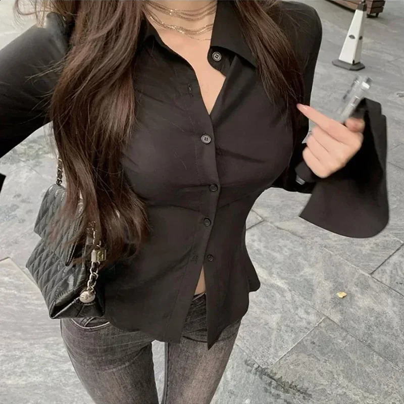 Sexy ultrathin lapel womens shirt solid single chest strap Tunic Female Blouses Spring Trend Lady 250319