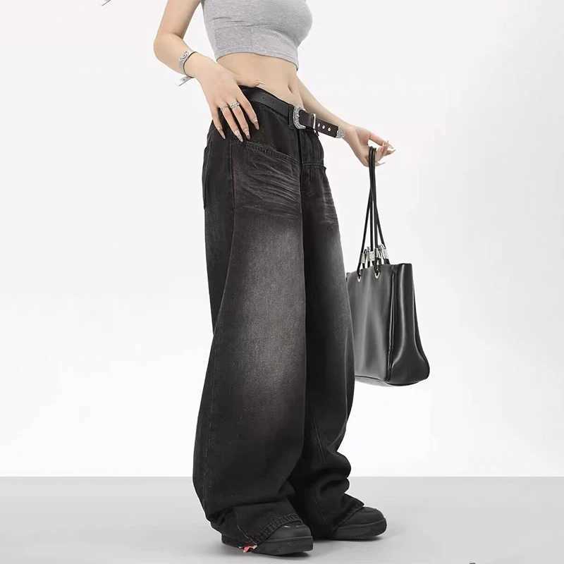 Ultra fine retro black jeans womens wide leg pants fashionable Y2K low waisted pocket jeans Trouser mens bucket jeansT250319