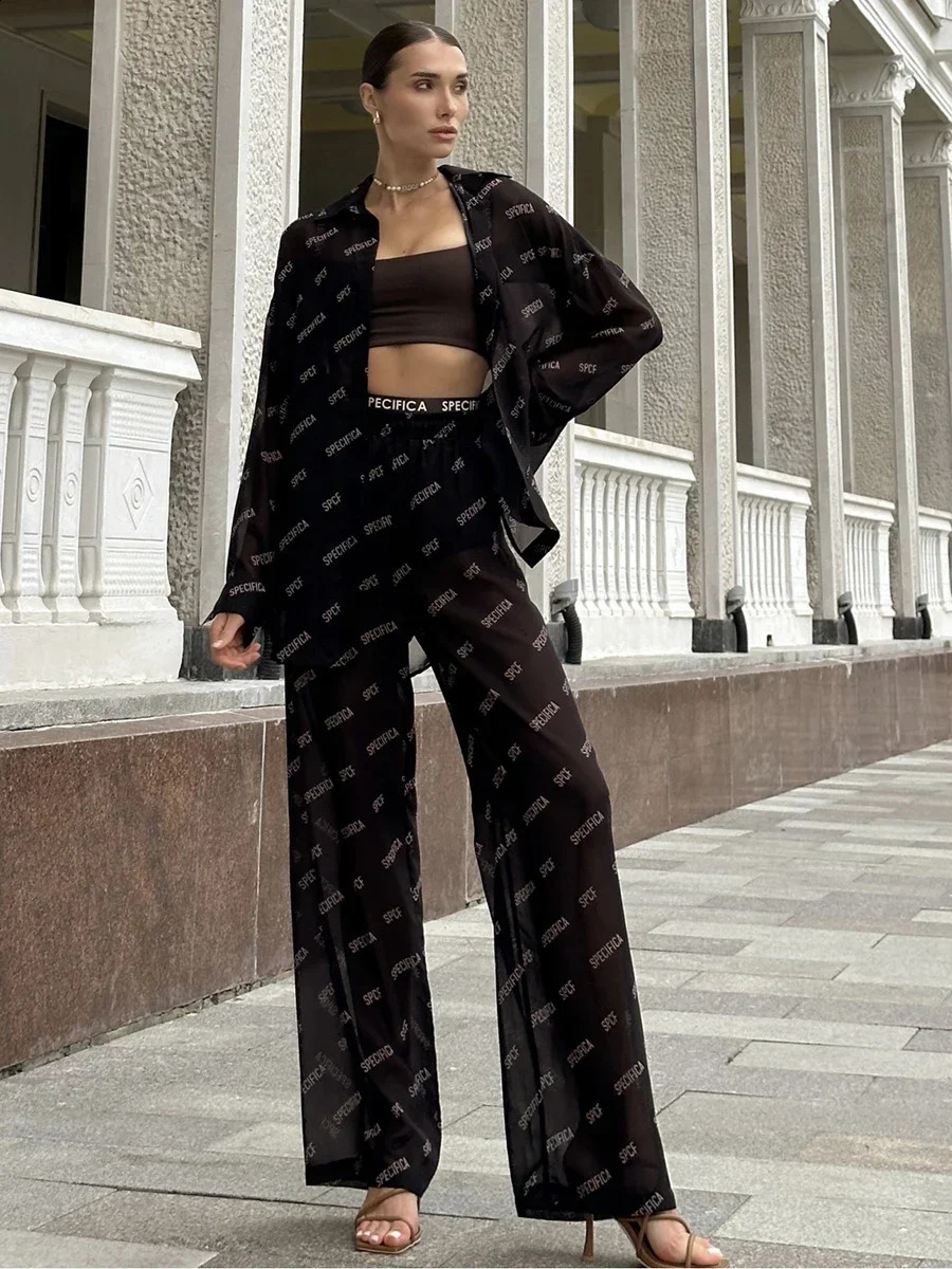 Wolfeel Beach Style Chiffon Printed Shirt Pants 2Piece Set Summer Long Sleeves Loose Fashion Casual Suit 250319