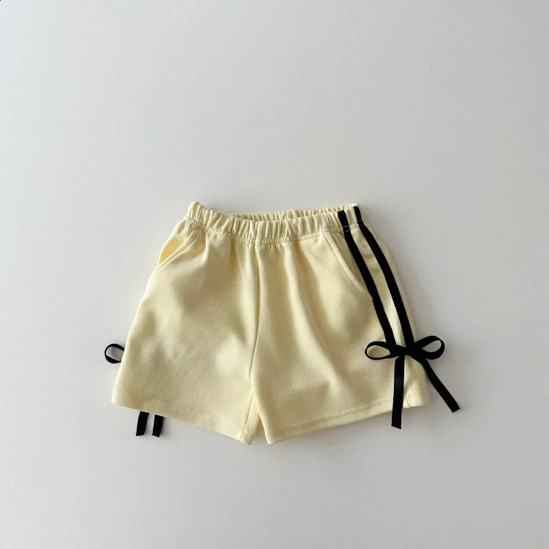 Korean Style Summer Baby Girls Sports Shorts Side Seam Stripe Bow Elastic Waist Loose Pants Casual Children Clothes A24147 250319