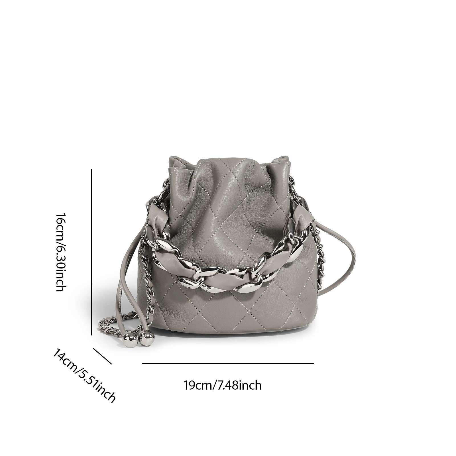 Genuine Leather Quilted Drawstring Bucket Bag Women With Chain Strap Crossbody Handbag For Daily Use And Commuting