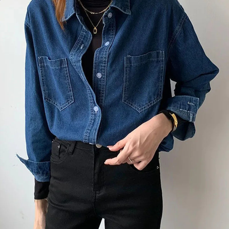 Lucy 2024 Autumn Blue Denim Jacket Womens Retro Loose Collar Shirt Fashion Button Office 250319