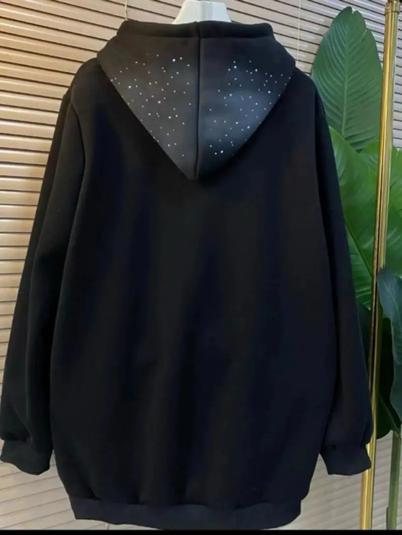 300 pounds plus size chubby MM loose hoodie thick velvet medium length style starry sky print long sleeved womens sportswear 250318