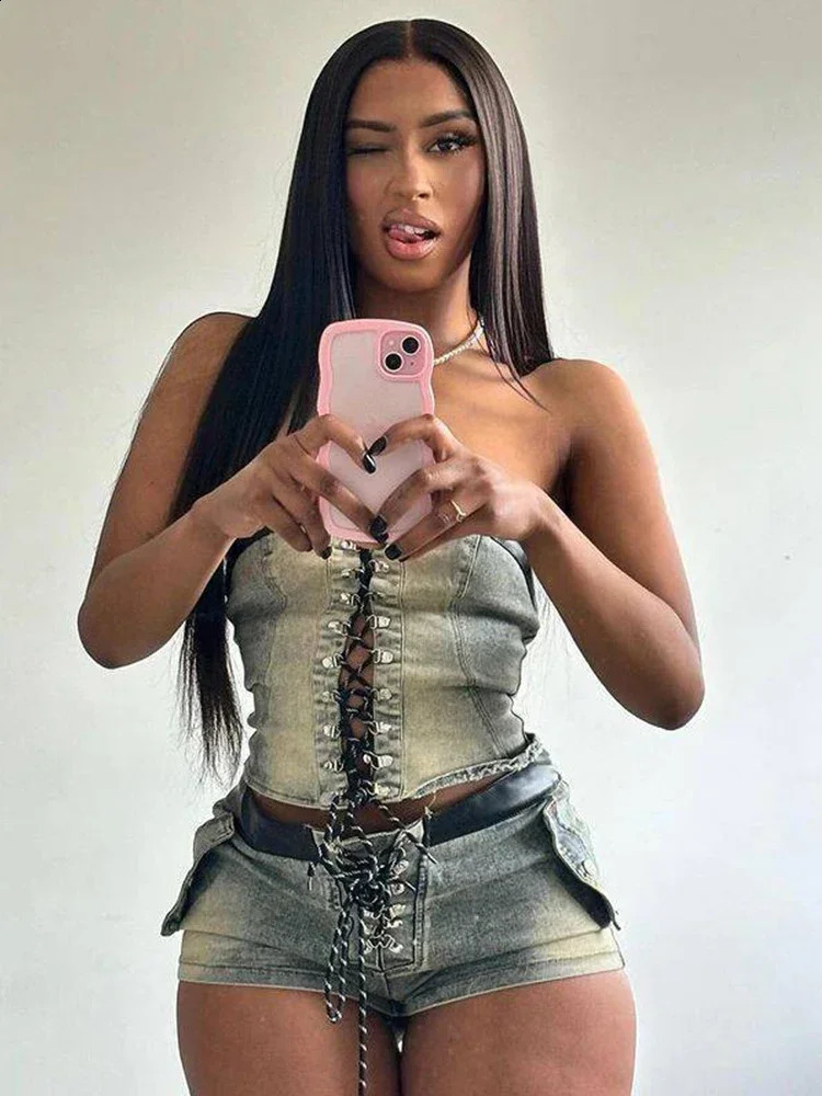 Leosoxs Denim Summer 2 Piece Set Women Leather Edging Vintage Y2K Shirring Strapless TopsShorts Hipster Summer Matching Suit 250319
