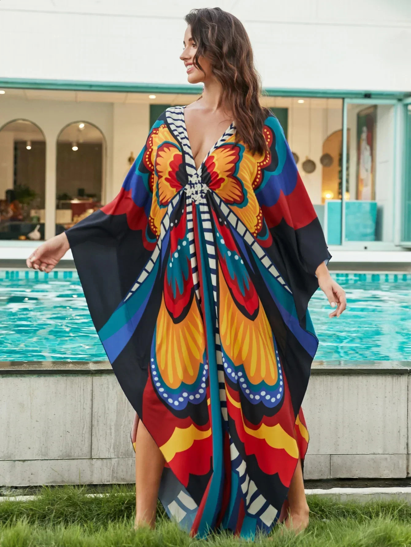 Womens ethnic printed Kaftan beach dress swimsuit plus size coverage suit 250318