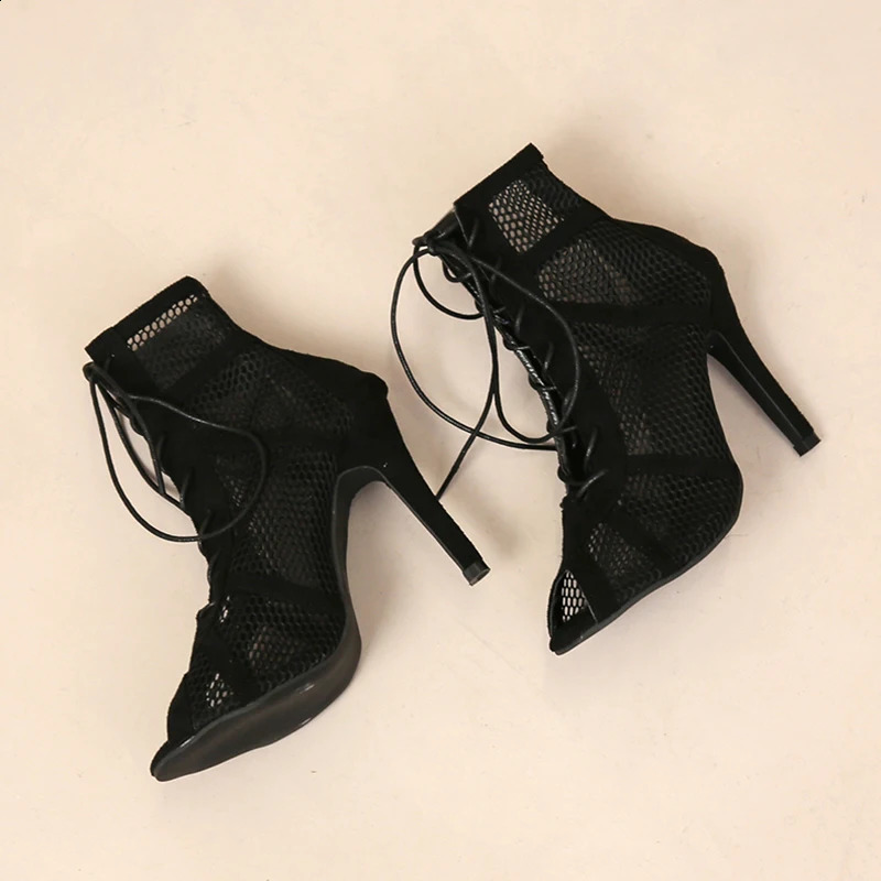 Sexy High Heels Hollow Mesh Sandals Women Summer Cross-tied Peep Toe Heeled Sandals Ankle Strap Dance Shoes Black Net Sandals 250317