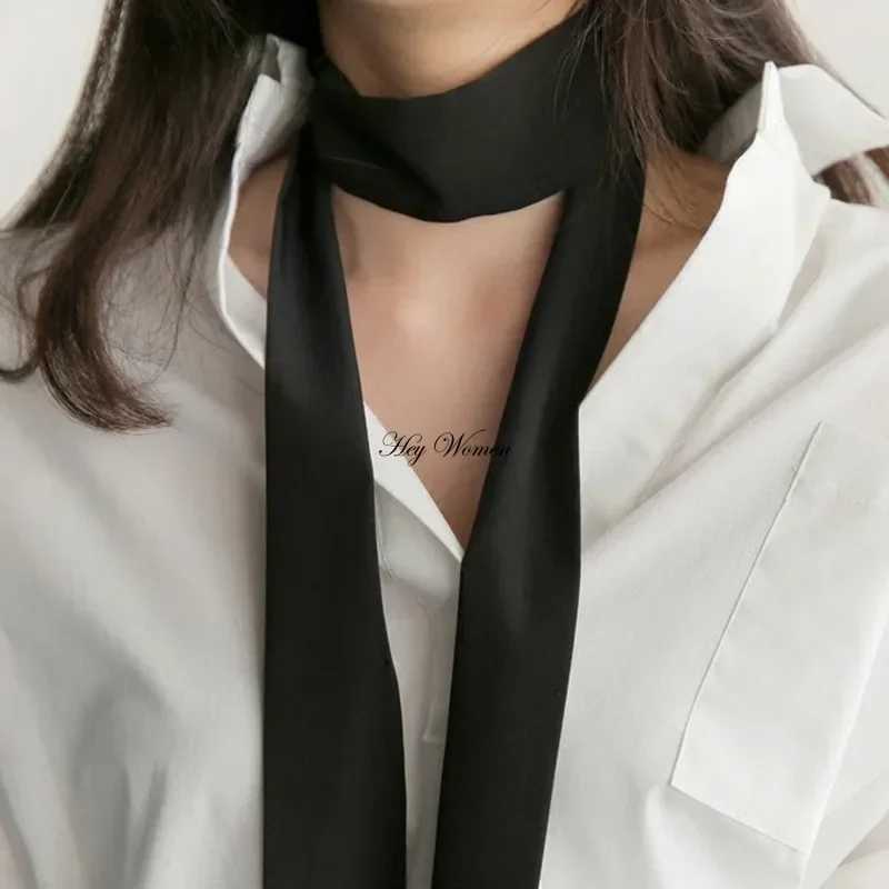 Narrow Long Scarf Silk Scarves Solid Color Chiffon Silk Rubber Red Tie Black Satin Ribbon Choker Streamer Neckerchief for Women X250319