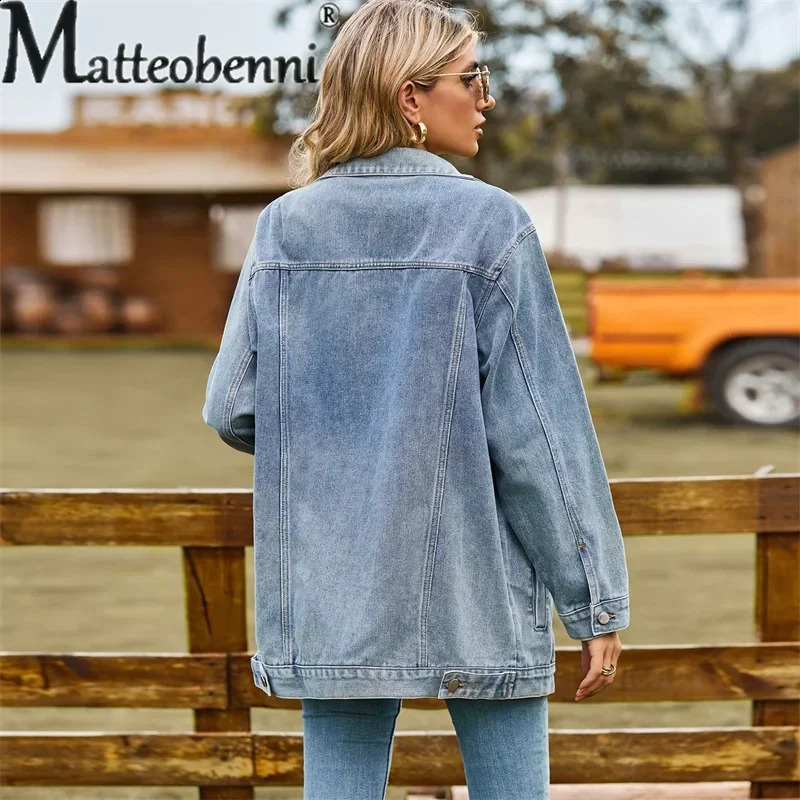 Retro denim jacket womens autumn loose lapel single breasted open top coat fashionable casual commuting 2024 250319