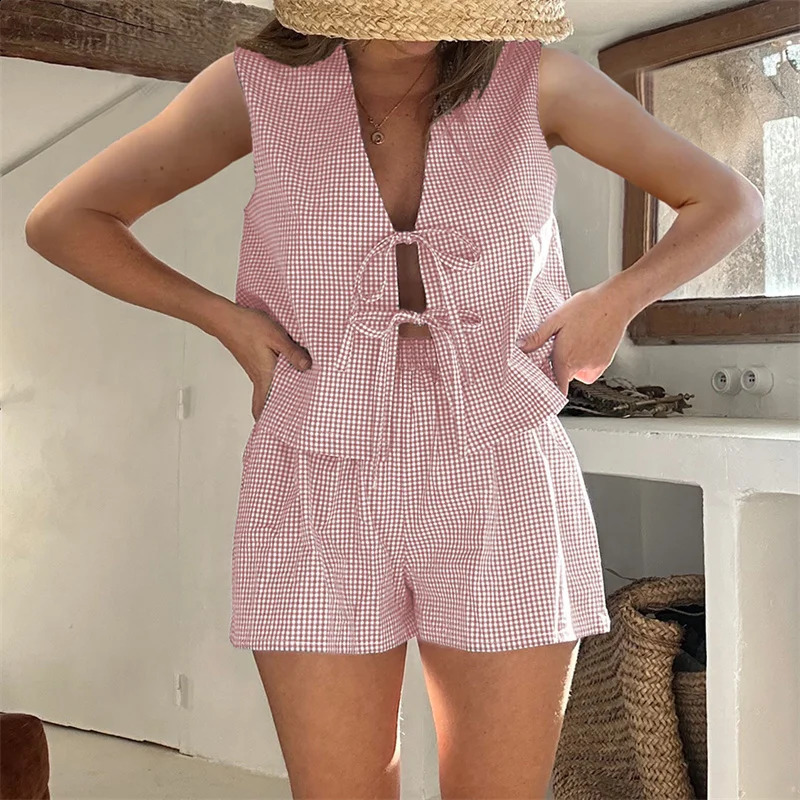 Women 2-Piece Shorts Set Plaid Print Lacing V-Neck Sleeveless Tank Tops Elastic Waistband Shorts Loungewear Outfits 250319