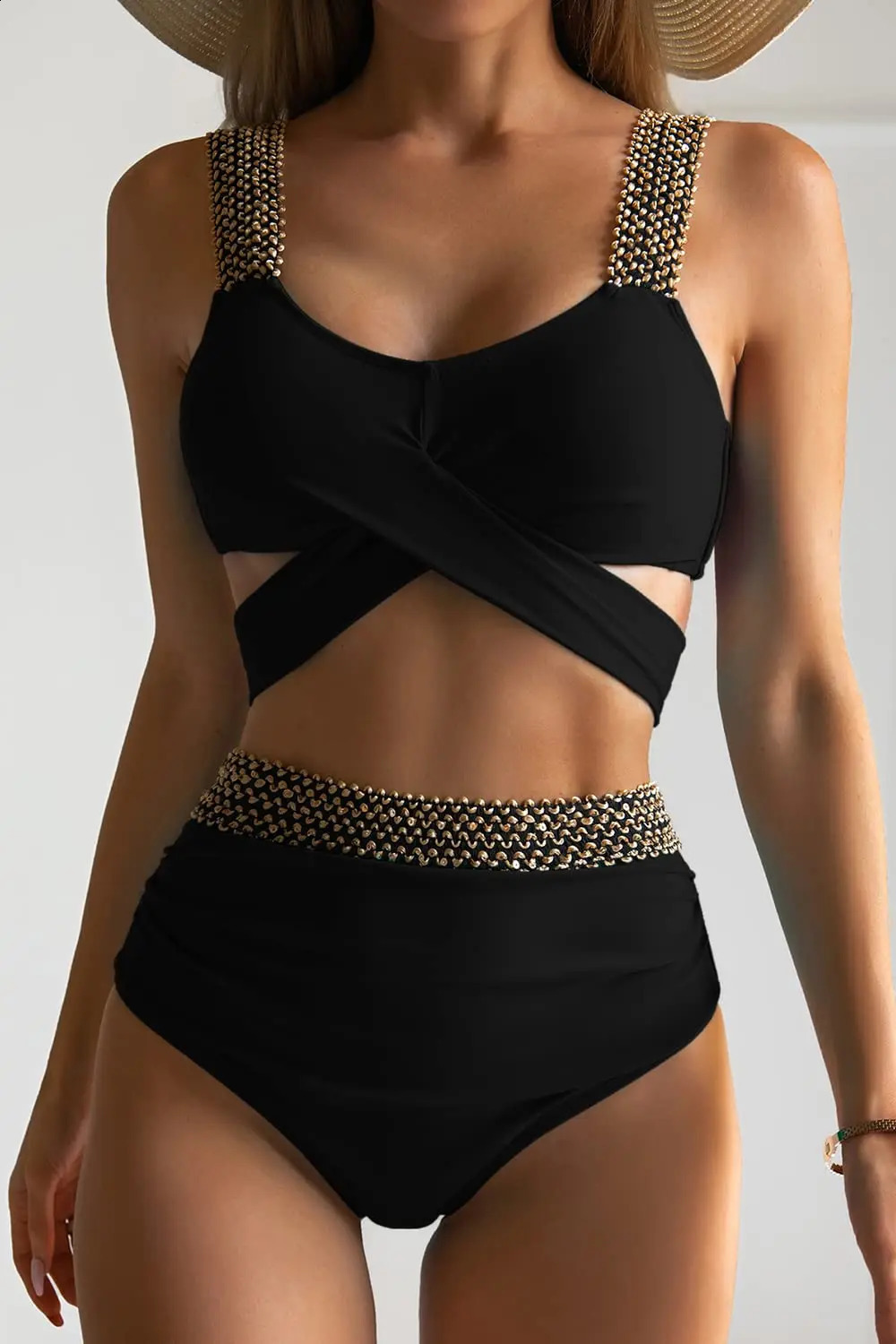 Cross High Waist Bikinis Women Black Swimwear Solid Swimsuit Female Beachwear Summer Bathers Bathing Suit Swimming 250319