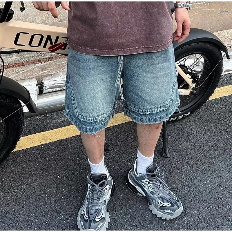 Mens Vintage Lace Up ned Denim Shorts Summer High Waist Knee Length baggy Jeans Casual Fashion Streetwear Trousers 250319