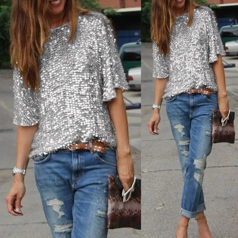 Fashionable womens long sleeved T-shirt for spring/summer cardigan loose and shiny womens top sparkling sequin T-shirt 250314