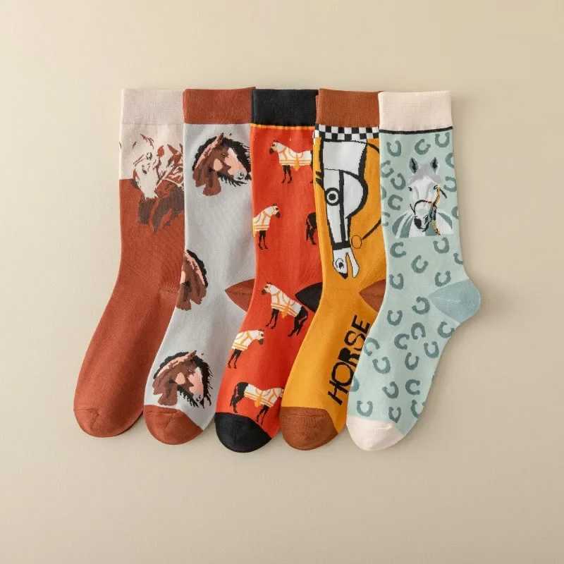 5 Pairs Cartoon Horse Print Socks Comfy Funny Mid Tube Socks Womens Stockings Hosiery X250319
