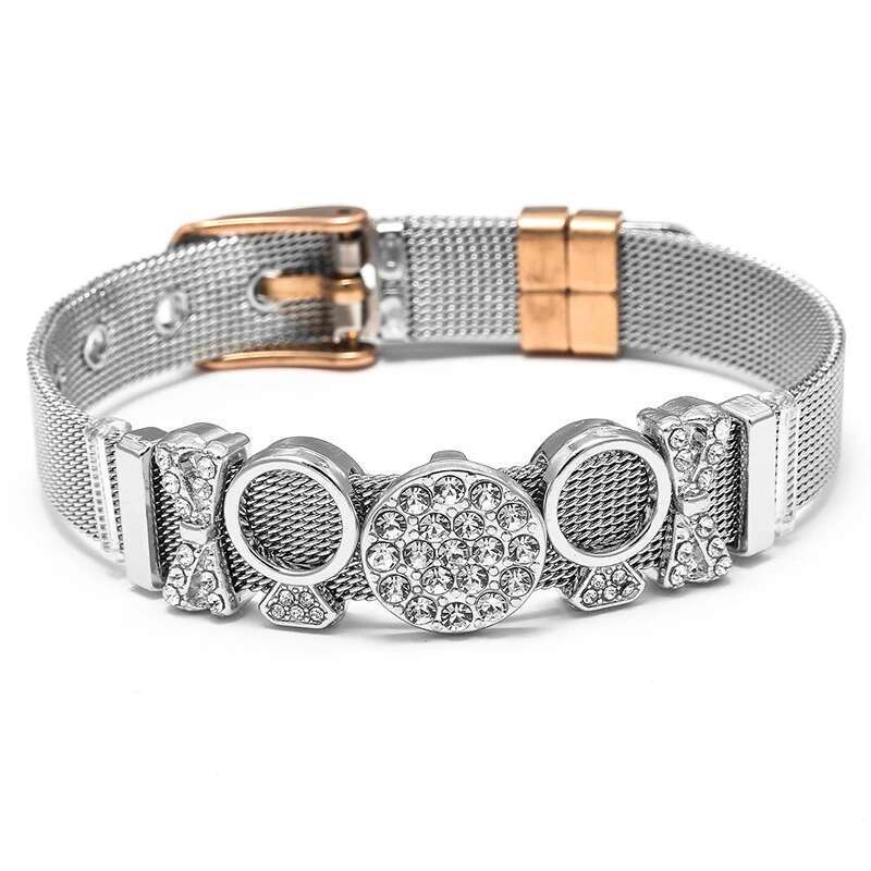 New Fashion 10mm Stainless Steel Mesh Bracelets Crystal Bowknot Beads Charm Keeper Bracelets Bangles For Women Men Jewelry Gift