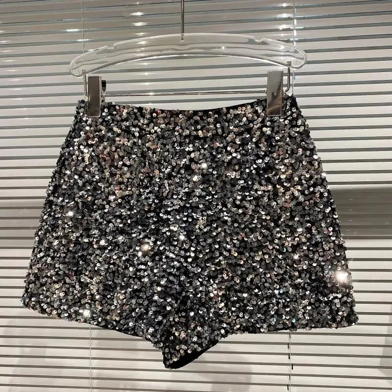 Autumn Black Velvet Shorts Women Sequined Shiny Versatile Short Pants Clubwear Shorts Pants High Street 250319