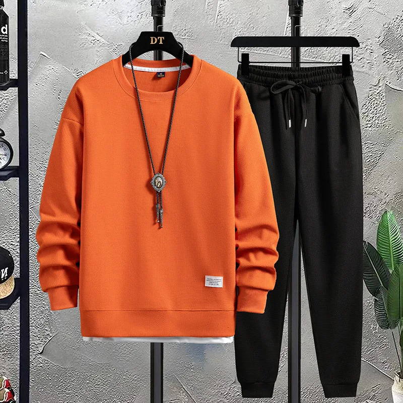 Mens Waffle Suit Sets Casual Long Sleeved Sweatshirt and Pants for Sports Tshirt Hoodie Trousers Set Loose Fit 250319