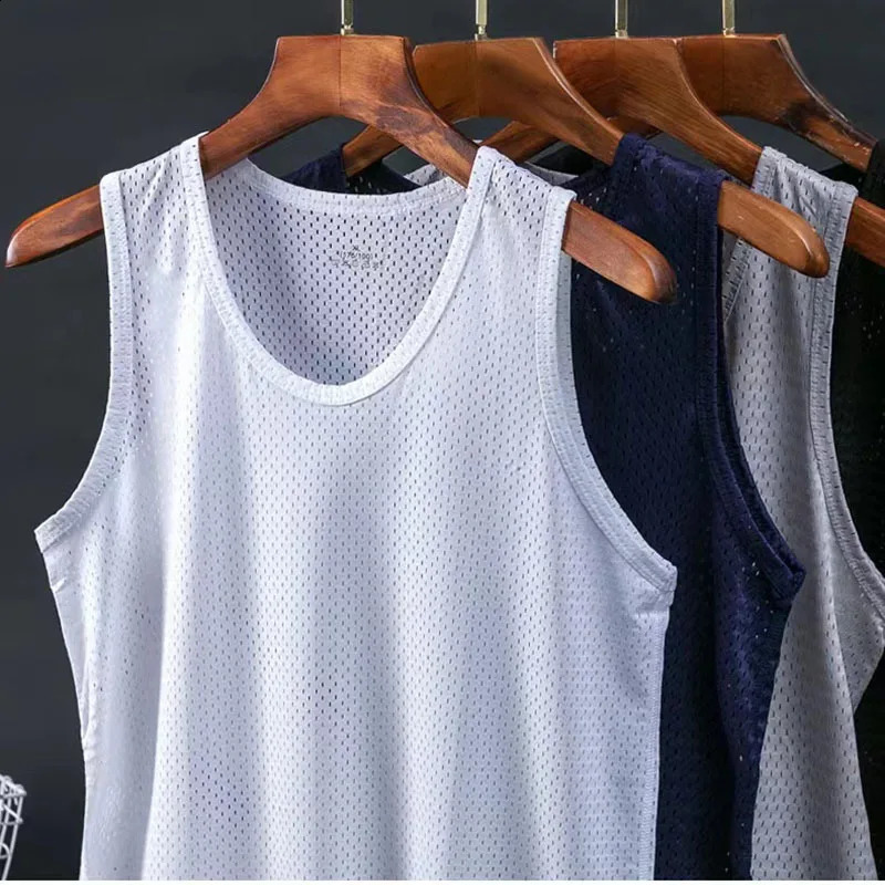 Mens Ice Silk Mesh Tank Tops Gym Stringer Transparent Bodybuilding Sleeveless Shirt Fitness Vest Male mesh Muscle Singlets 250319