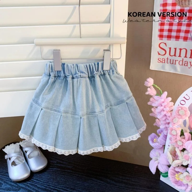 Girls Summer Denim Skirt Female Baby Korean Version of The Foreign-style Cute Bow Lace Pleated Skirt 250319