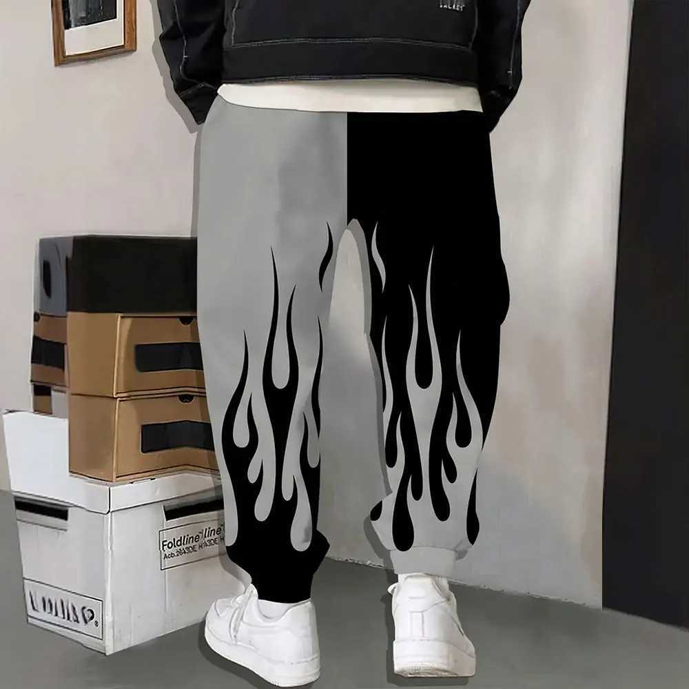 2024 New Fashion 3D Flame Print Color Matching Sweatpants Winter Thick Warm Pants Men Loose Casual Pocket Drawstring Sweatpants X250319