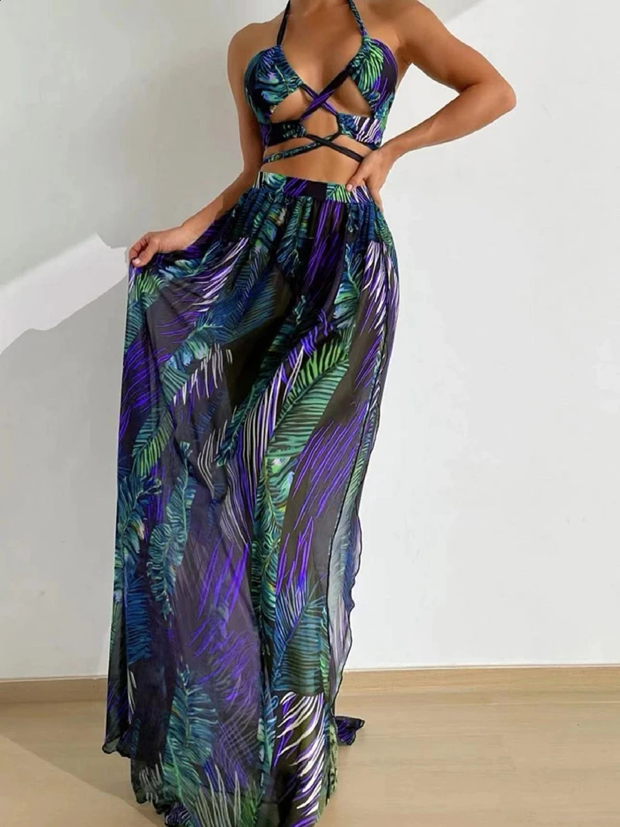 Halter Cross Bikini Hollow Swimsuit Beach Dress 3 Piece Sexy Swimwear Women Bathing Suit Padded Beachwear Swimming Summer 250319
