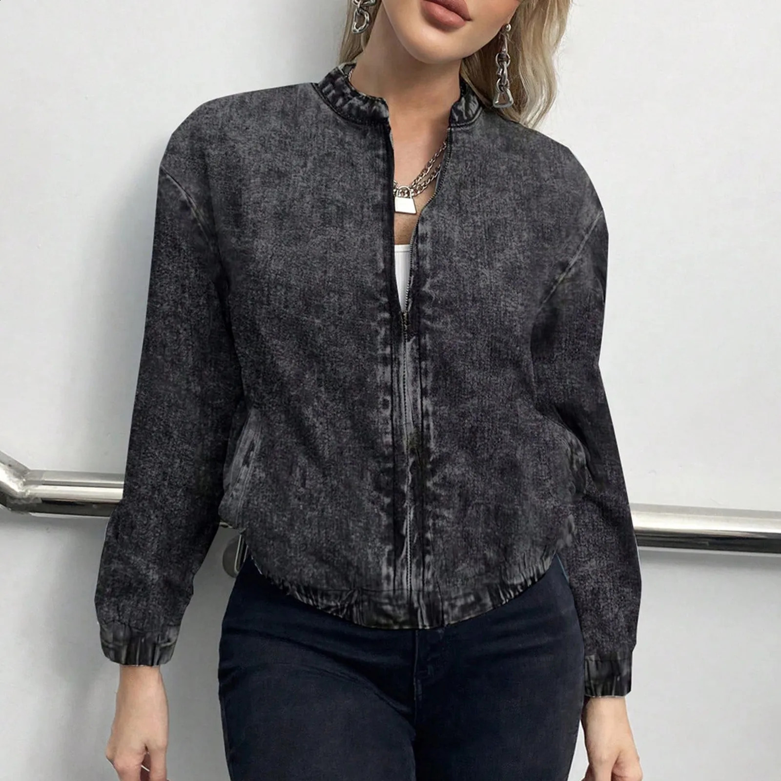 Womens zipper denim jacket womens stand up collar short bomber pocket casual Ropa 250317