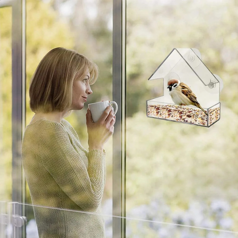 Acrylic Clear Glass Window Birds Hanging Feeder Birdhouse Food Feeding House Table Seed Peanut Suction Cup 250318