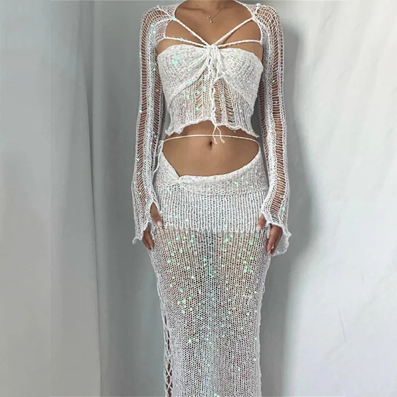 Sexy Sequined Knitted Sweater Party Dresses 3 Piece Skirt Sets Womens Outfits Flare Long Sleeve See Through Clue Wear Dress 250318
