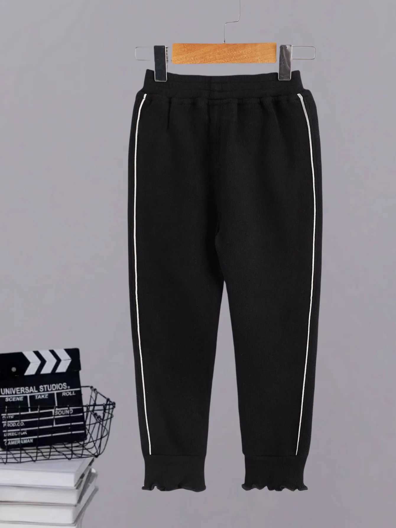 Childrens wear girls fall casual pants Black high waist hem pants with simple breathable comfortable design senseT250318