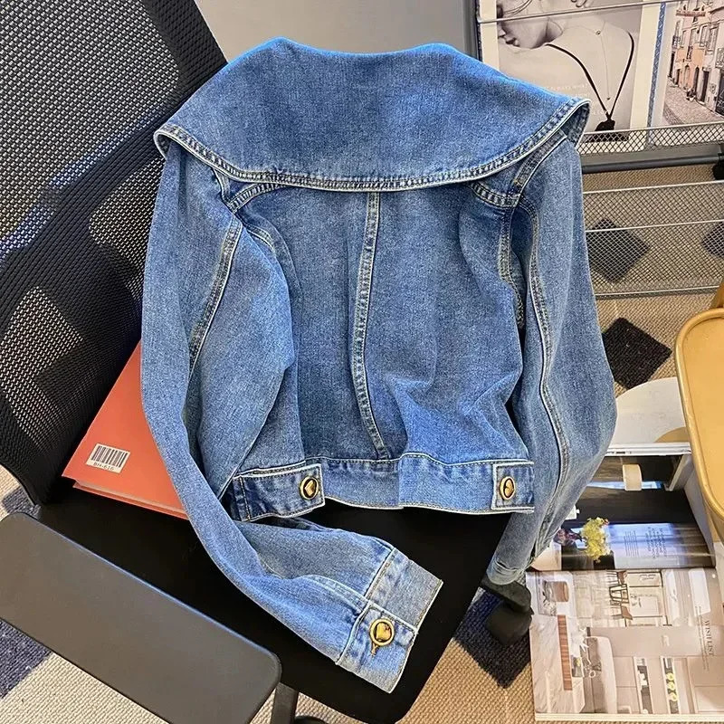 Doll Collar Denim Jacket Female Spring Autumn Vintage Lotus Leaf Collar Loose Cowgirl Jackets Tops Single-Breasted Coat 250317