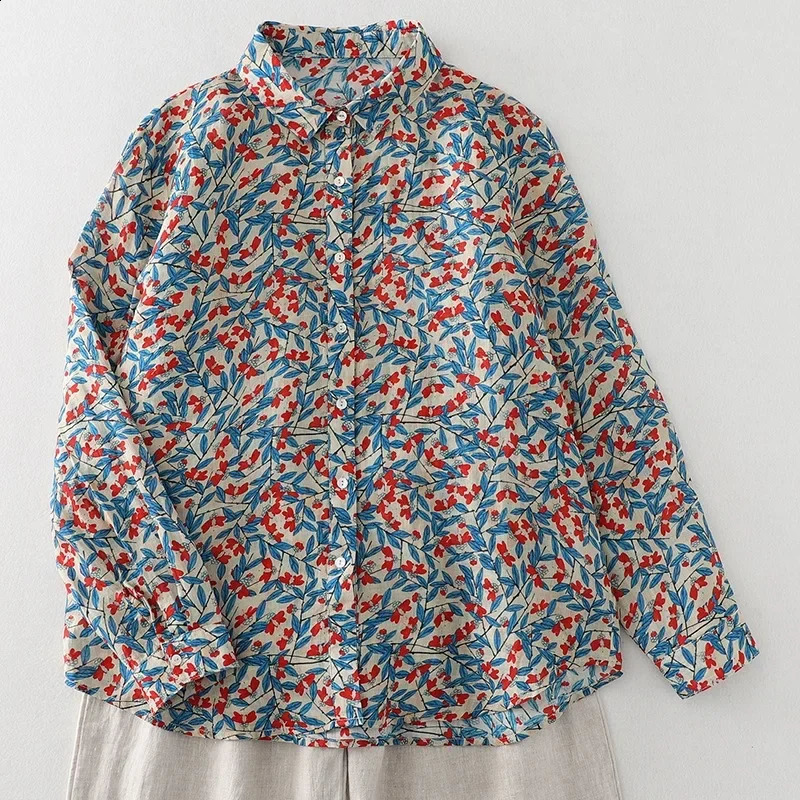 Blue Leaf Fragment Cotton Linen Shirt Womens 2024 Autumn Style French Artistic Polo Collar Long Sleeve Printing Cardigan To 250319