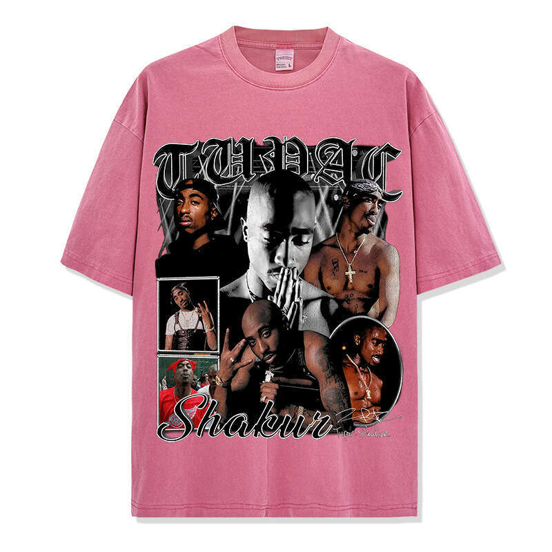 American Hip-Hop Tupac Printed Short Sleeved T-Shirt Vintage Washed Loose Neckline Ins