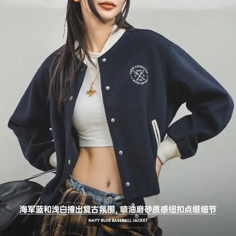 MADEN Womens Baseball Jacket Autumn Long Sleeve Loose Color Blocked ed Pre made Style 250317