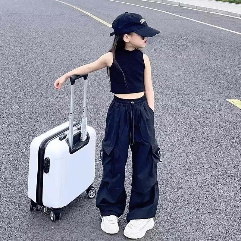 Girls Casual Cargo Pants Kids Solid Colour Sweatpants Children Vintage Streetwear Hip Hop Pants New Elastic Waist Baggy TrousersT250318