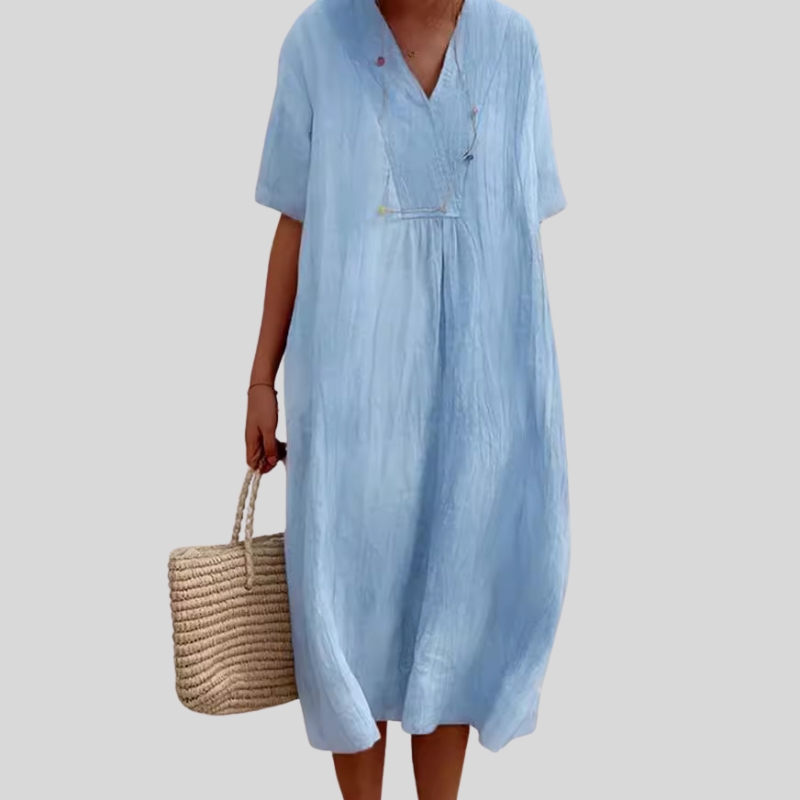 Cotton and linen spot women's clothing solid color, big V-neck fashion style loose short-sleeved dress
