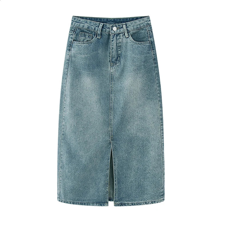 Summer High-waist Slit Denim Skirt For Women Washed Retro A-line Skirt Hip-covering Straight Long Skirt 250317