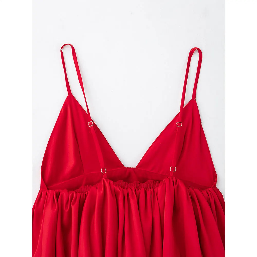 DUOPERI womens fashionable red pleated vest top retro backless thin shoulder strap Vneck 250319