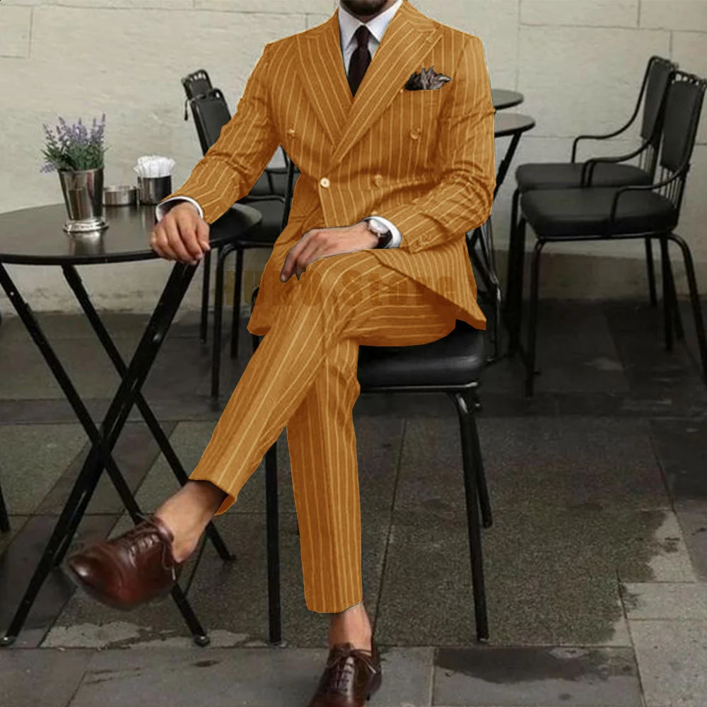 Men Suits Mens Two Piece Suit Double Breasted Man Fashionable and Slimfitting n Groom Wedding Dress Casual Striped Fabric 250311