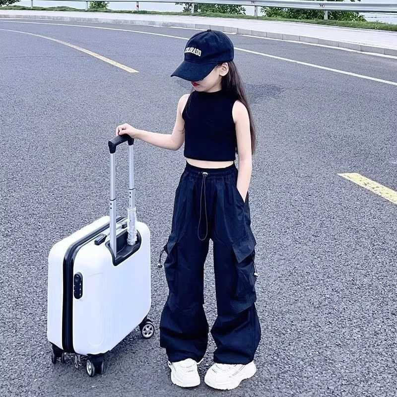 Teenage girls jogging pants loose casual fashionable childrens straight Trouser pocket design fashionable cool streetwear childrens pants 5-14 YT25031
