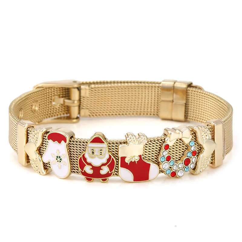 10mm Gold Color Winter Series Santa Claus Bells Beads Mesh Bracelet Stainless Steel Charm Bracelets For Women Christmas Jewelry
