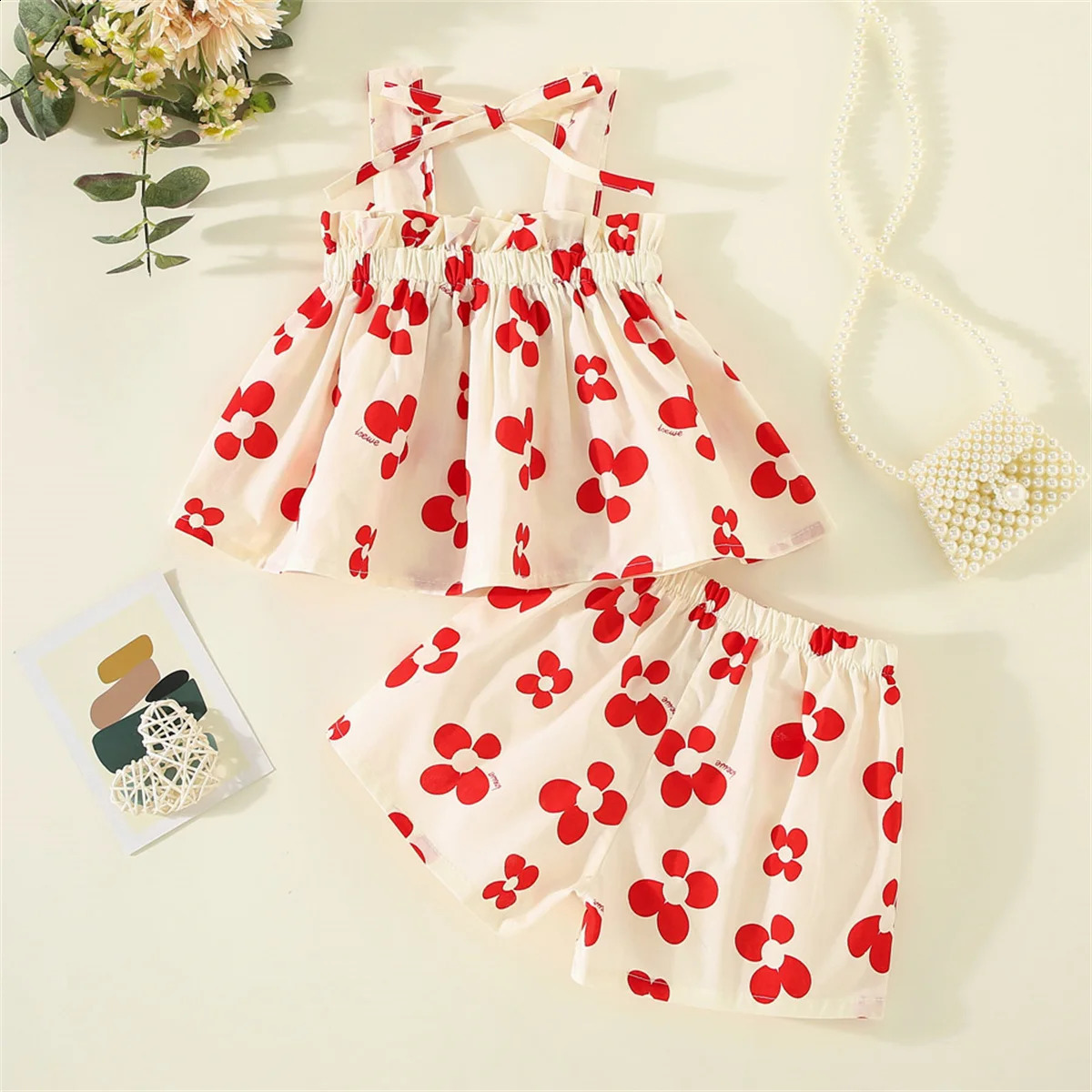 Cute printed bow decoration with top and bottom for preschool girls aged 03 in summer 2 piecesset 250319