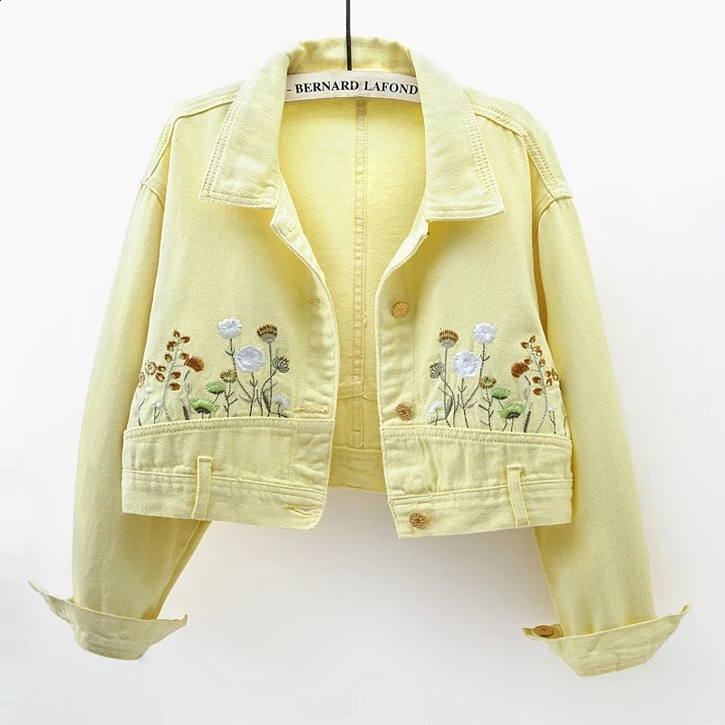 Fashion floral embroidery crop denim jacket womens lapel long sleeved single chest denim jacket retro streetwear womens jacket 250317