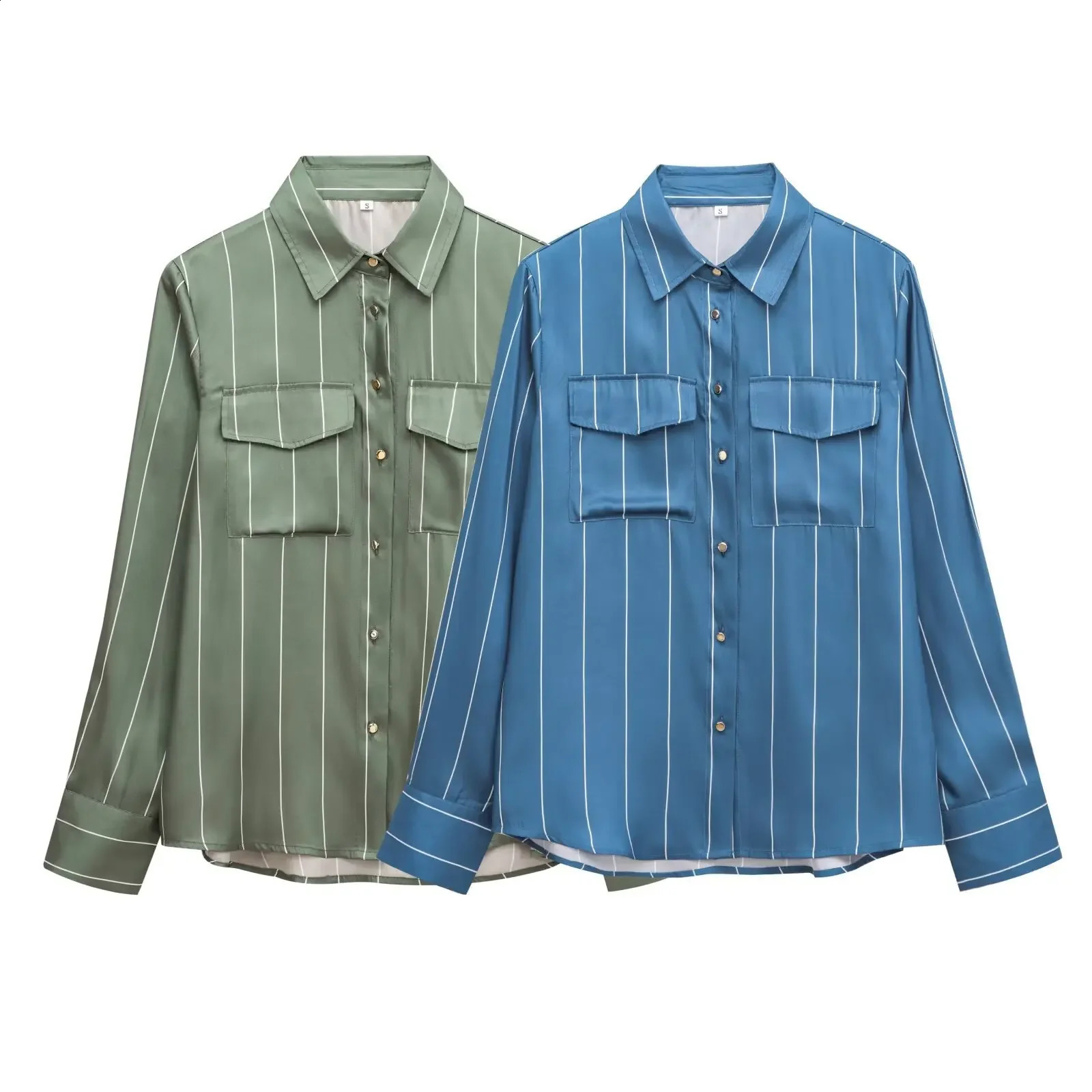 ZRWOMENS Clothing Winter striped lapel long sleeved pocket silk satin feel shirt womens buttons 250318