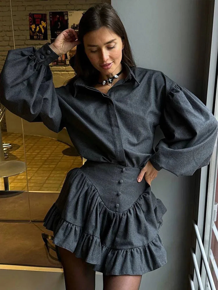 Lapel Button Up Shirt Top Ruffle Edge Short Skirt Two Piece Set Fashion Loose Classic Women Blouse Waist Cinching Half Skirts 250319