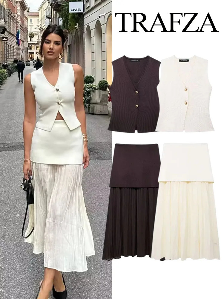 TRAFZA Womens 2piece Unique Vneck Sleeveless Button Knitted Tank TopSplicing High Waist Side Zipper Ankle Length Skiing 250318