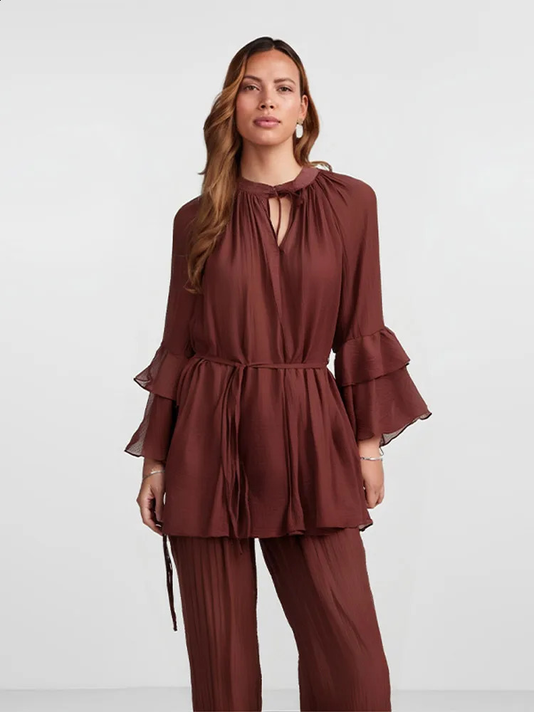 Casual loose mini dress Oneck long sleeved womens 2025 spring solid color lace hollow chiffon 250319