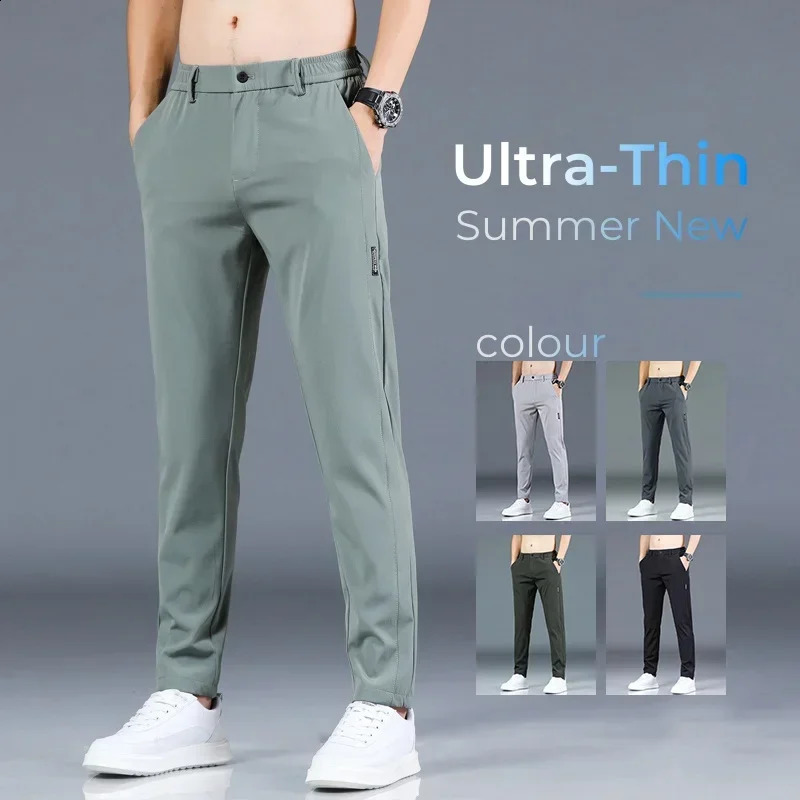 2024 Summer Thin Ice Silk Stretch Mens Pants Casual Elastic Waist Smooth Trouser Pants Male Clothing 5 Colour 250317