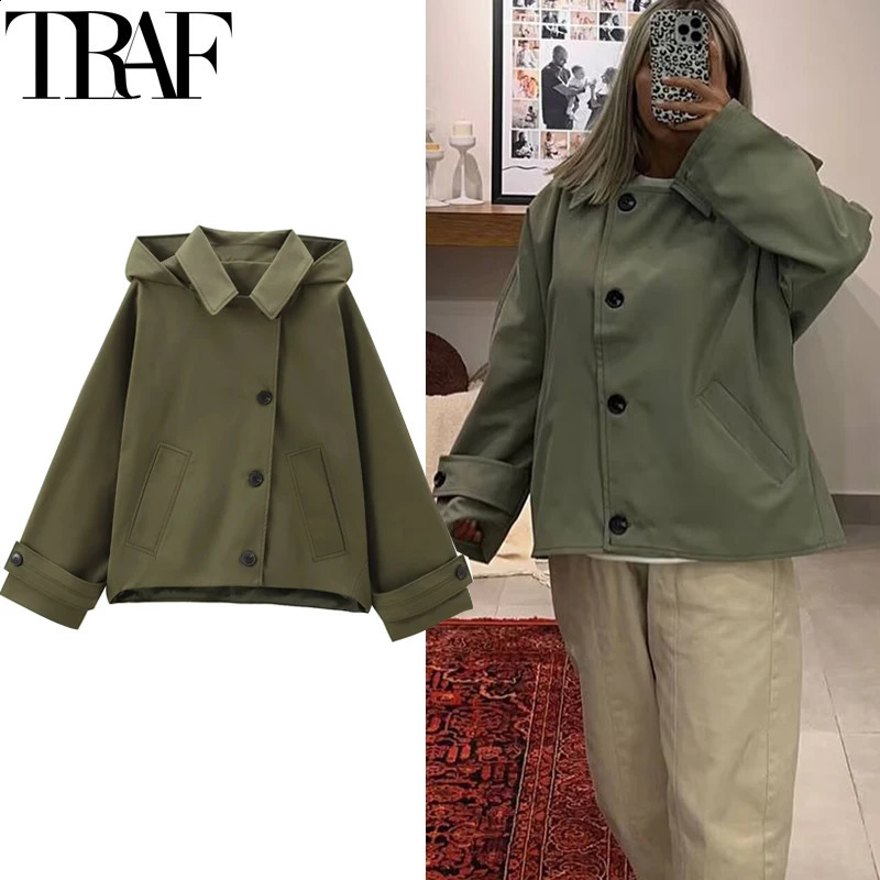TRAF womens windproof jacket hood cropped solid trench coat autumn long sleeved half season casual 250317