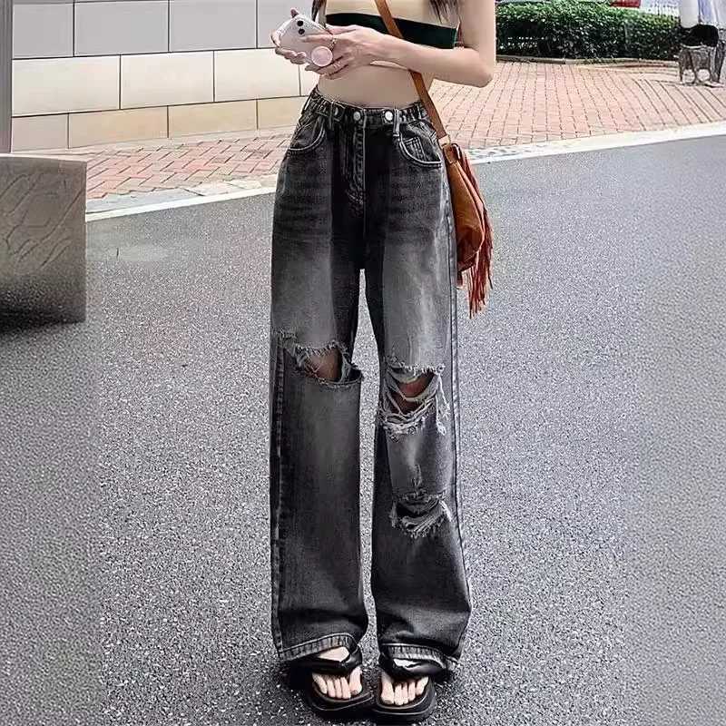 Retro American denim jeans womens ultra-thin high waist straight loose retro street fashion wide leg pantsT250319