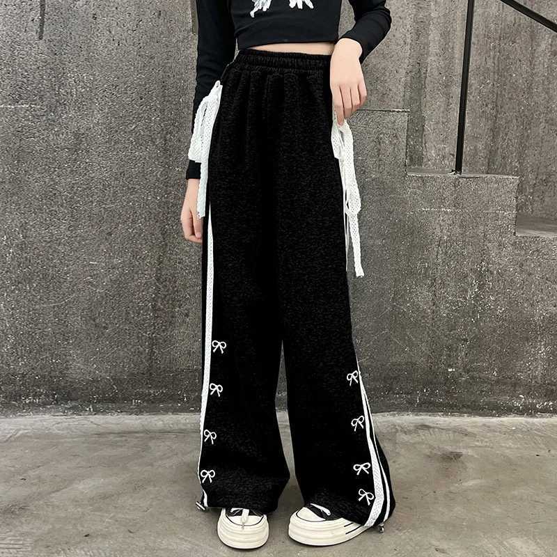 Girls Wide Leg Pants Kids Loose-Fit Casual Trousers New Spring Dull Drawstring Sweatpants Teen Trendy Straight Pants 5-14 YearsT250318